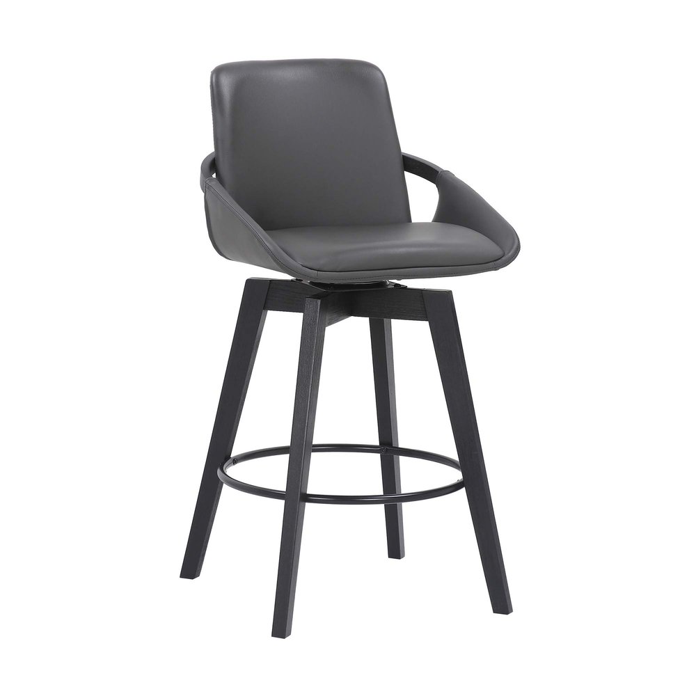 Armen Living Baylor Mid Century Modern Swivel Bar Stool for Kitchen Island Counter in Gray Faux Leather and Black Wood, 26" Seat Height
