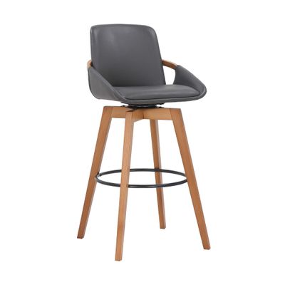 Armen Living Baylor Mid Century Modern Swivel Bar Stool for Kitchen Island Counter in Gray Faux Leather and Walnut Wood, 30" Seat Height