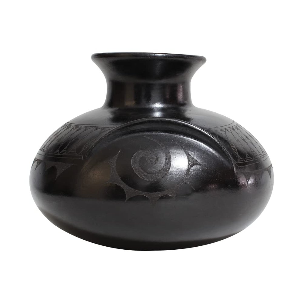 Black Pottery Vase Sgraffito Design