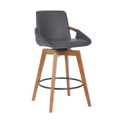Armen Living Baylor Mid Century Modern Swivel Bar Stool for Kitchen Island Counter in Gray Faux Leather and Walnut Wood, 26" Seat Height