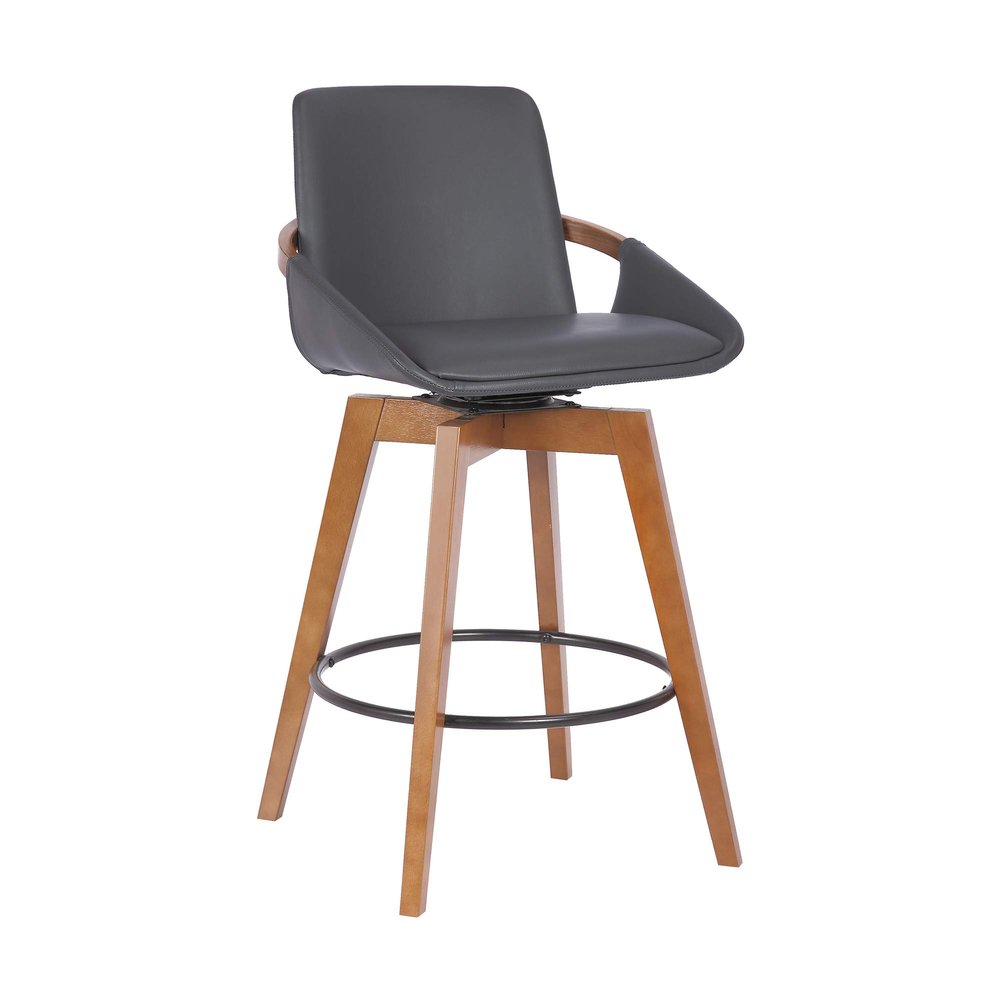Armen Living Baylor Mid Century Modern Swivel Bar Stool for Kitchen Island Counter in Gray Faux Leather and Walnut Wood, 26" Seat Height