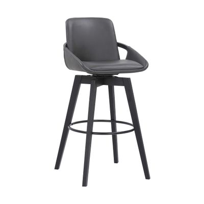 Armen Living Baylor Mid Century Modern Swivel Bar Stool for Kitchen Island Counter in Gray Faux Leather and Black Wood, 30" Seat Height