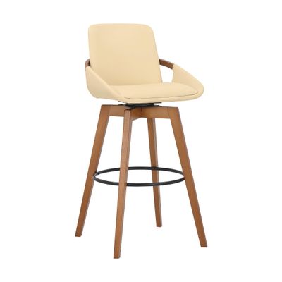 Armen Living Baylor Mid Century Modern Swivel Bar Stool for Kitchen Island Counter in Cream Faux Leather and Walnut Wood, 30" Seat Height