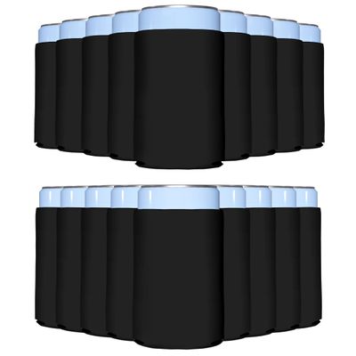 PartyPrints 100 Pack Black Blank Slim Can Cooler Sleeves | Plain Seltzer Customizable Bulk Coolers for Beer Bottles & 12oz Tall Cans | Skinny Collapsible Drink Insulated Sleeve