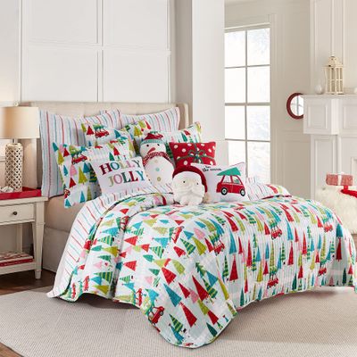 Levtex Home Merry & Bright Collecion - Holly Jolly Quilt - King - Christmas Tree - Red Green Teal Pink - Quilt (102x86in.) - Reversible - Microfiber