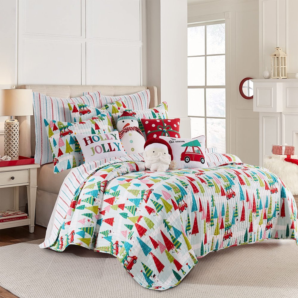 Levtex Home Merry & Bright Collecion - Holly Jolly Quilt - King - Christmas Tree - Red Green Teal Pink - Quilt (102x86in.) - Reversible - Microfiber