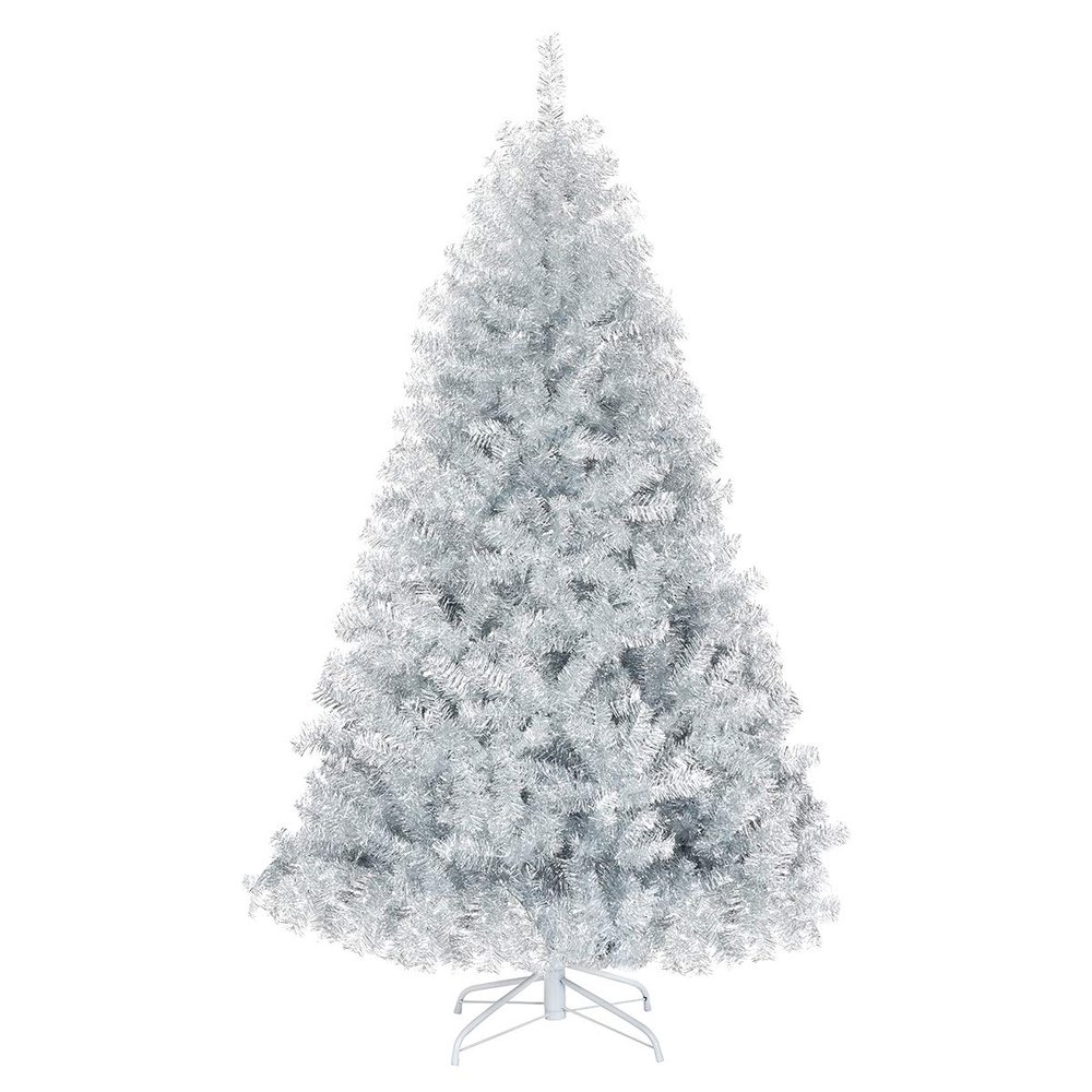GOFLAME 6 FT Artificial Christmas Tree Hinged with 1036 Branch Tips, Silver Tinsel Christmas Tree with Metal Stand, Electroplated Technology for Indoor and Outdoor Holiday Decoration