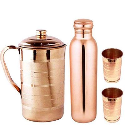 SEJAL SPECIAL Brown 1000ml Copper Water Bottle, 1500ml Jug and 2 Glass Combo Diwali Gift Set