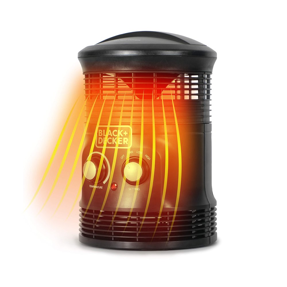 BLACK+DECKER 360-Degree Surround Heater and Fan Combo, 360 Space Heater for Office Desk, Home Office & Personal Use Desk, 2 Heat & Fan Only Settings, Adjustable Thermostat, BHDS156, Black