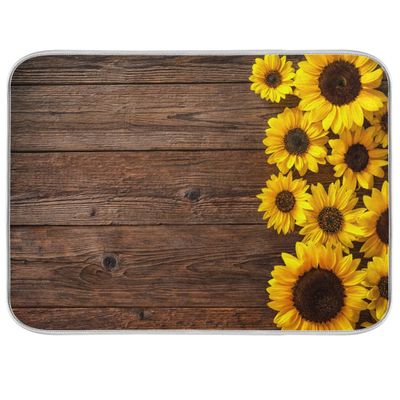 Dish Drying Mat Sunflowers on Wooden Board, Absorbent Reversible Drying Mat Dishes Pad Dish Mats for Drying for Kitchen Counter Decor 16x18 Inch