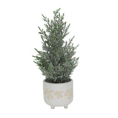 Flora Bunda 15.5 inch H Frosted Christmas Tree 4.75 inch Maple Leaf Ceramic Footed Pot Christmas Holiday Decoration,White