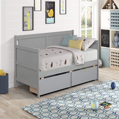 Mera Wood Daybed Twin with Drawers, Twin Size Daybed Frame with Storage/Twin Bed Frame, No Box Spring Needed (Gray Drawer)