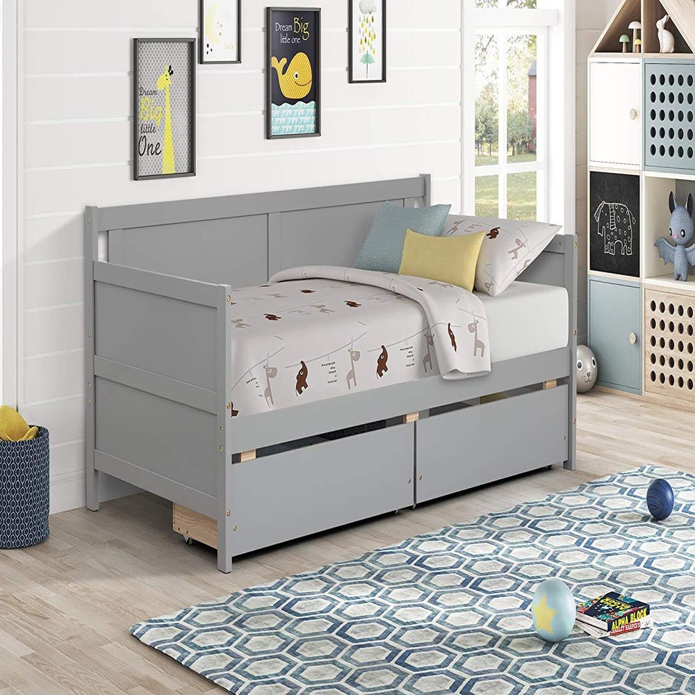 Mera Wood Daybed Twin with Drawers, Twin Size Daybed Frame with Storage/Twin Bed Frame, No Box Spring Needed (Gray Drawer)