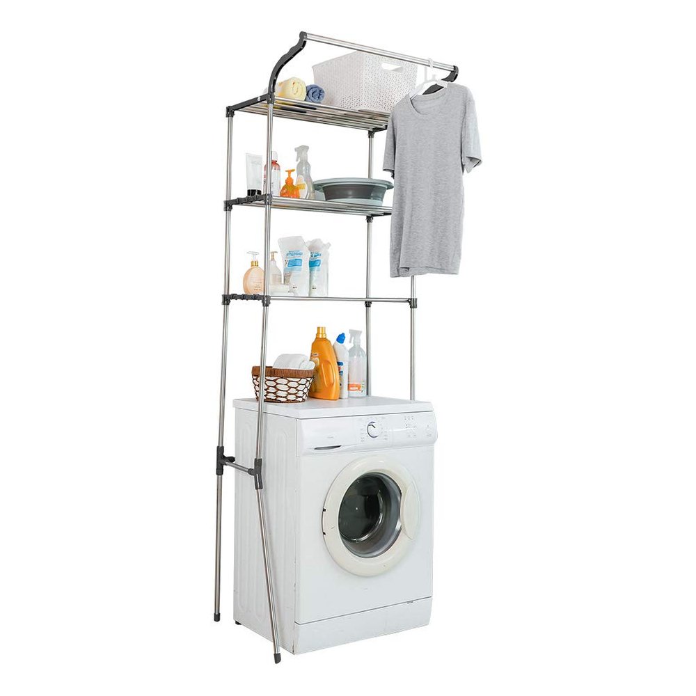 BAOYOUNI 3-Tier Over The Laundry Shelf Above Toilet Washing Machine Dryer Storage Utility Rack Clothes Hanger Rod Standing Bathroom Organization Space Saving Shelving Units, Grey