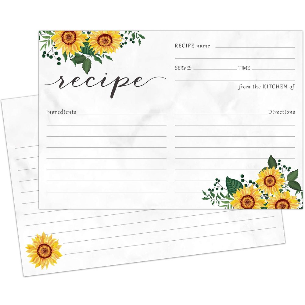 Zonon 50 Pieces Sunflower Recipe Cards 4x6 Recipe Card with Sunflowers Double Sided Kitchen Note Cards for Wedding, Bridal Shower