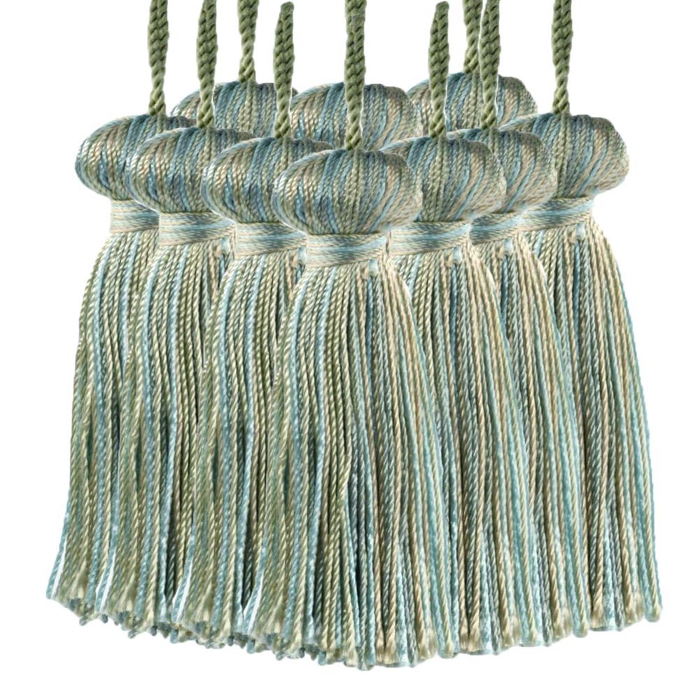 DCOPRO 3" (7.5cm) Basic Chainette Tassel with 1" (2.5cm) Loop | Decorative Craft Tassel # BT3, Beach Green #PR10 (Light Green, Green Blue, Khaki Beige) Set of 12