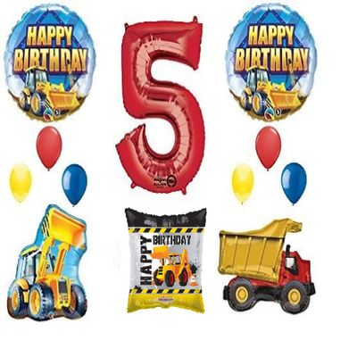 12pc new BALLOON set 5th fifth BIRTHDAY party ultimate CONSTRUCTION truck DUMP bulldozer TRACTOR gift FAVORS decorations PHOTO booth PROPS front end loader