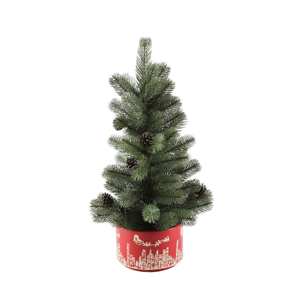 Flora Bunda 24 inch H Frosted Christmas Tree in 7 inch Red Cityscape Ceramic Pot Christmas Holiday Decoration,Red