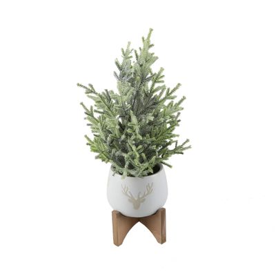 Flora Bunda 15.75 inch H Frosted Christmas Tree 5 inch Staghead Ceramic on Wood Stand Christmas Holiday Decoration,White