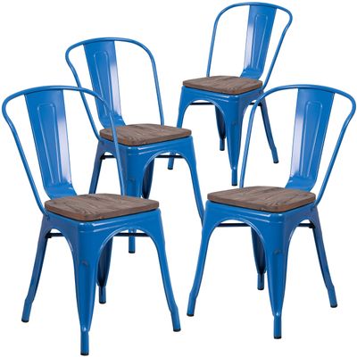 BizChair 4 Pack Blue Metal Stackable Chair with Wood Seat - Restaurant Chair - Bistro Chair