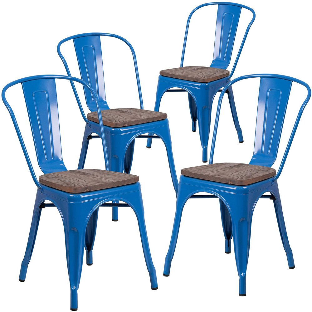 BizChair 4 Pack Blue Metal Stackable Chair with Wood Seat - Restaurant Chair - Bistro Chair