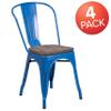 BizChair 4 Pack Blue Metal Stackable Chair with Wood Seat - Restaurant Chair - Bistro Chair view 4