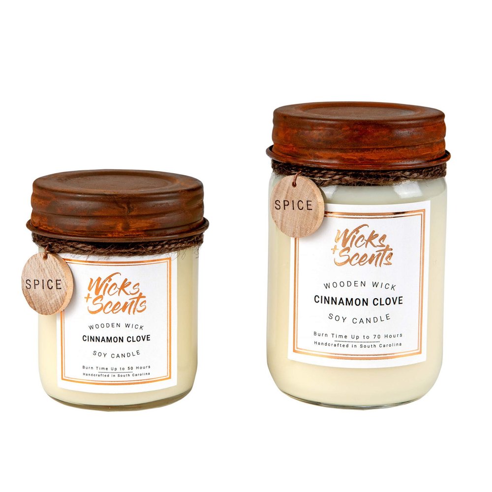 Cinnamon Clove Wooden Wick Soy Candle - 12 oz Recycled Glass Jar with Rustic Lid - Burn Time Up to 70 Hours