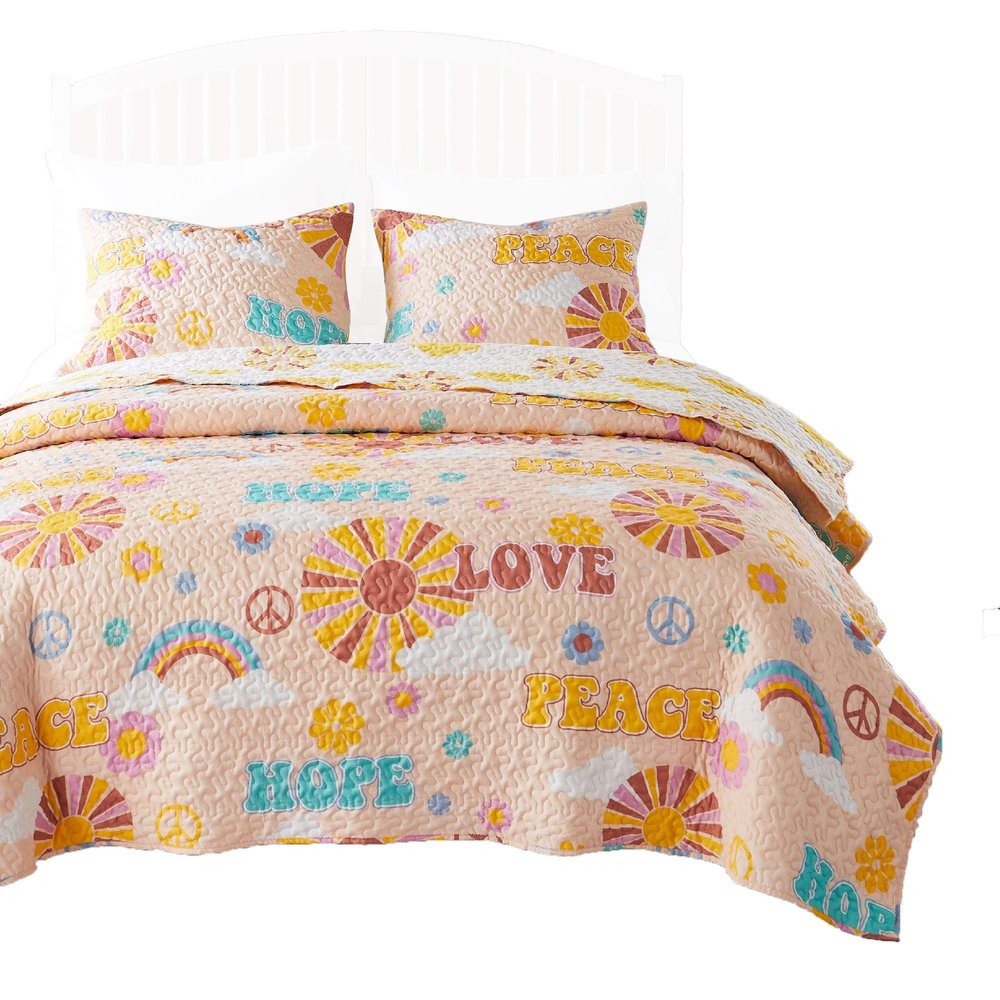 Benjara Berlin 2 Piece Microfiber Rainbows and Clouds Print Twin Quilt Set, Beige