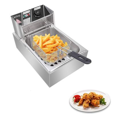 Professional Electric Deep Fryer, Countertop Kitchen Frying Machine, Stainless Steel French Fryer with Basket & Lid for Commercial Restaurant Countertop Family Food Cooking (Single Tank 6L)