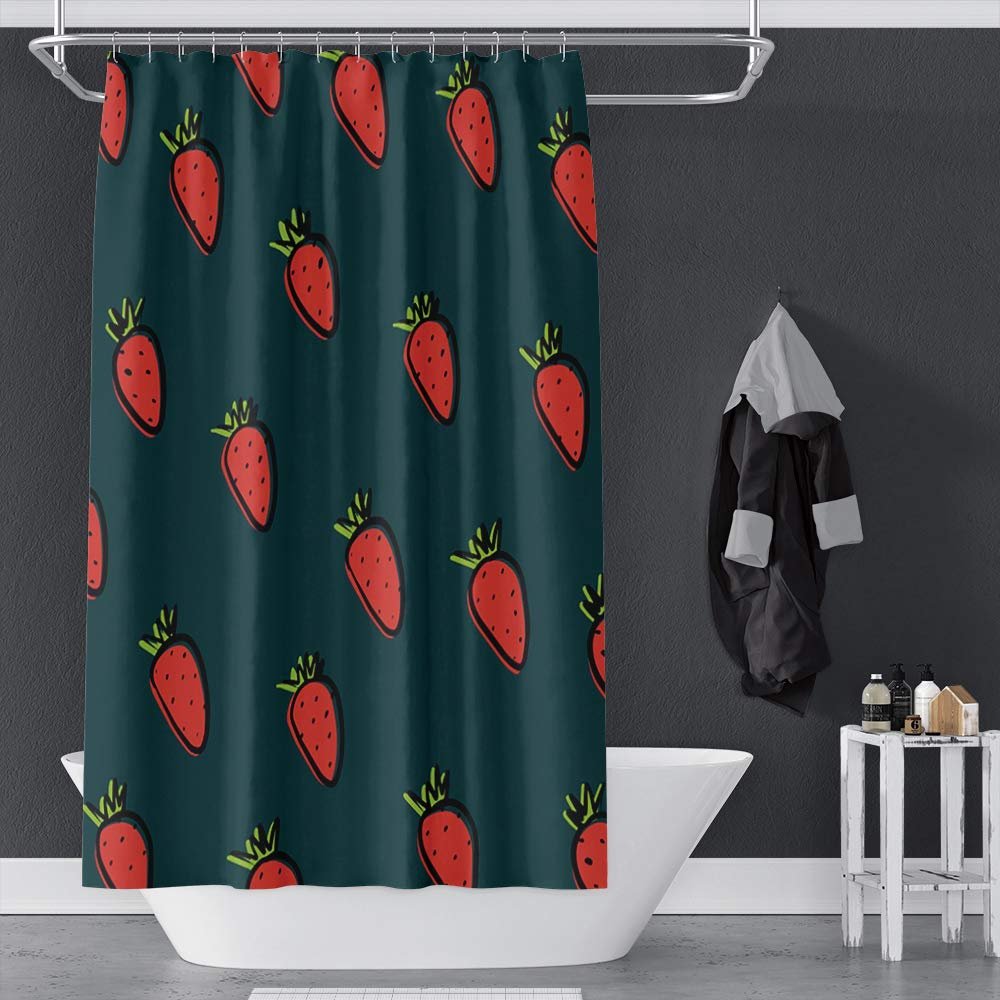 OERJU 72x84inch Red Strawberry Shower Curtain Cartoon Cute Sweet Flesh Fruit Green Leaf Kids Bathroom Decor Waterproof Fabric Polyester Shower Curtain Liner Bath Accessories Durable with Hooks