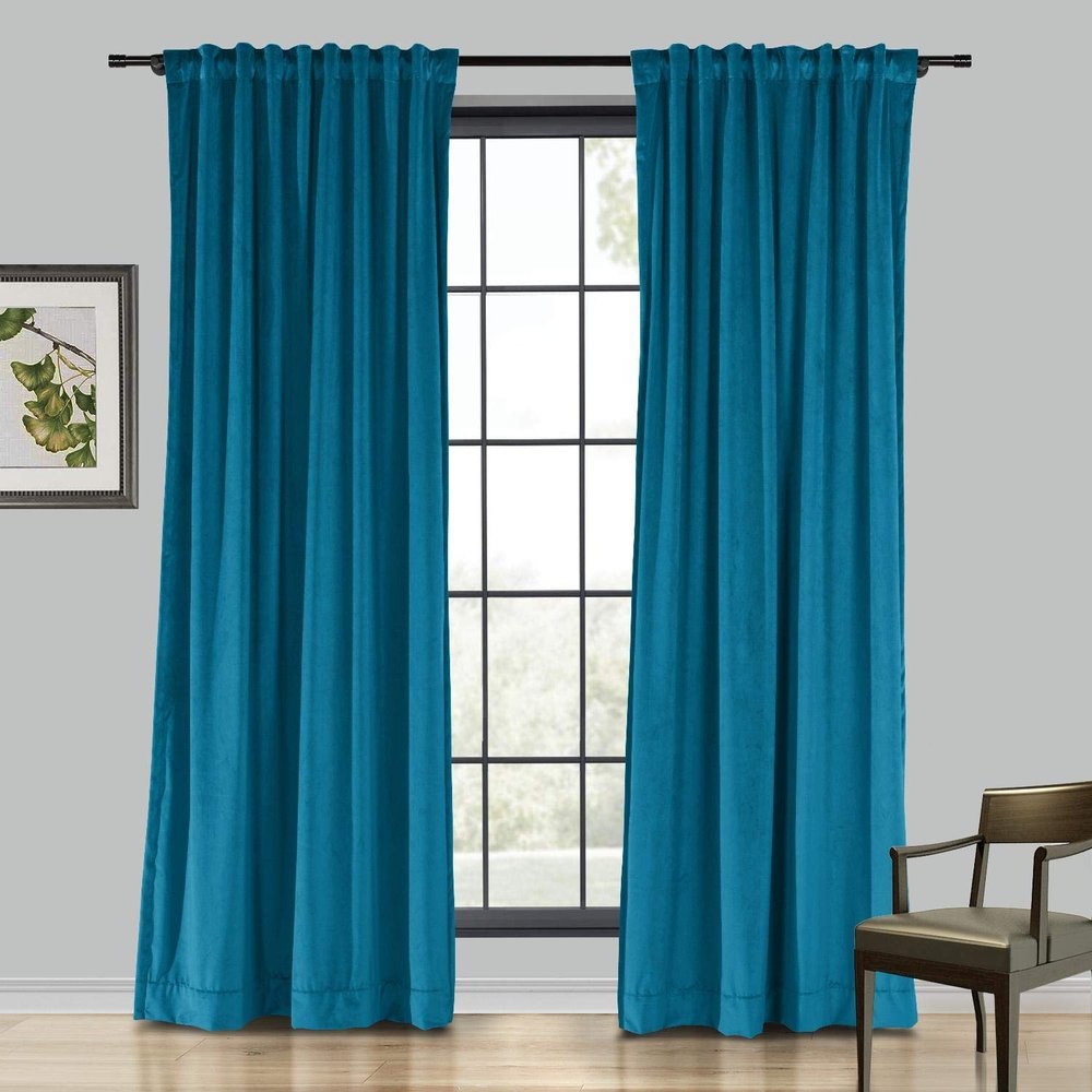 Drapifytex Set of 2 Solid Velvet Room Darkening Curtains Back Tab Rod Pocket Blue 50W x 63L Inch
