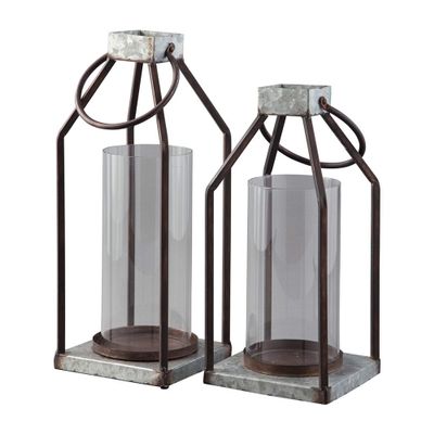 Benjara Geometric Lantern with Glass Hurricane, Set of 2, Black and Gray