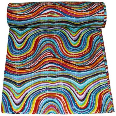 Sophia-Art Indian King/Twin Handmade Bohemian Hand Block Print Pure Cotton Bedspread Kantha Stitch Hippie Kantha Bed Spread Reversible Bedcover Throw Quilt (Laheriya, 90" x 108")