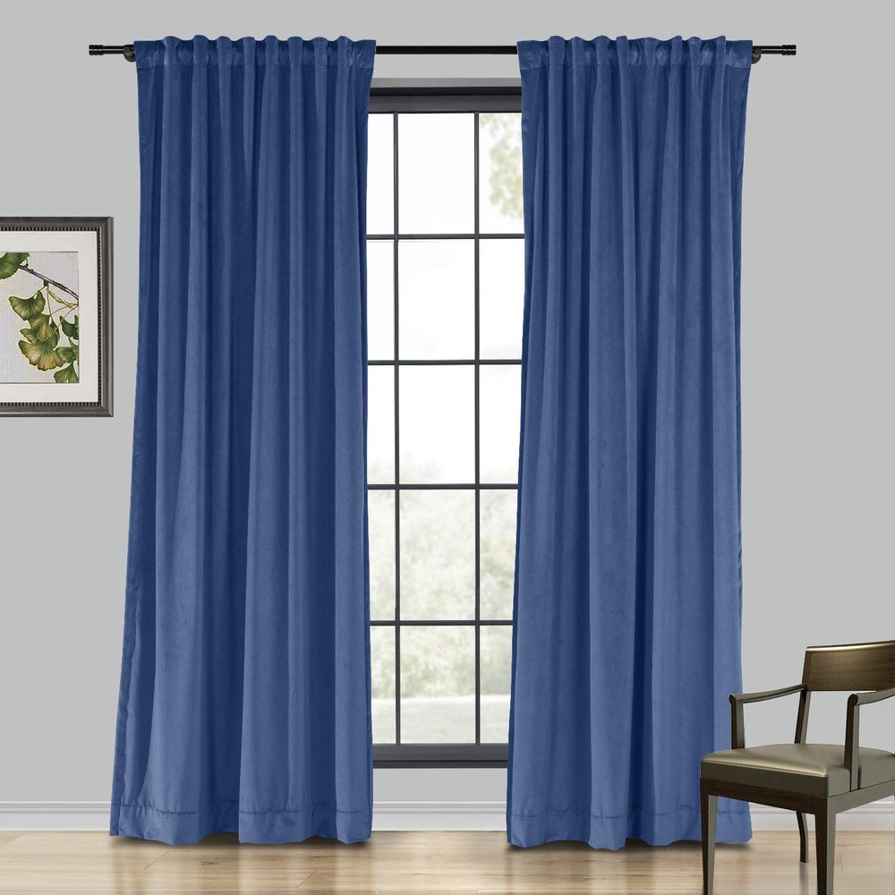 Drapifytex Set of 2 Solid Velvet Room Darkening Curtains Back Tab Rod Pocket Ocean Blue 50W x 63L Inch
