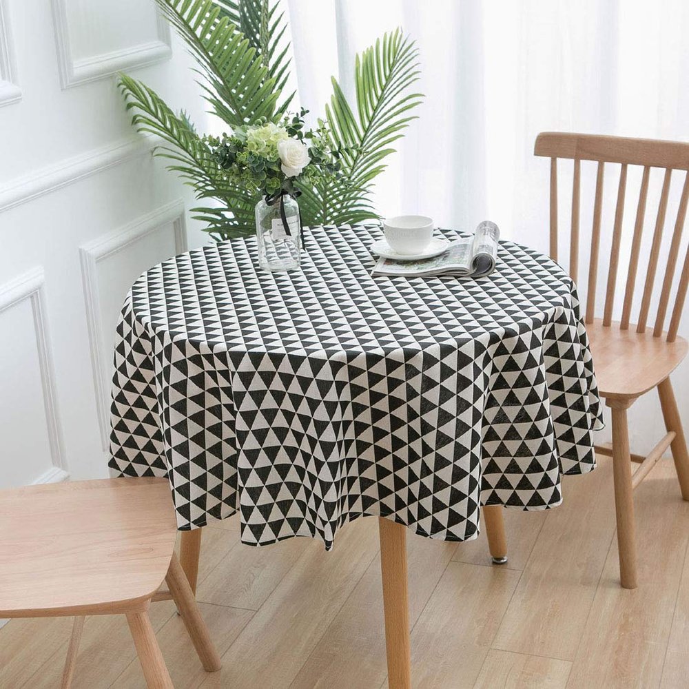 vctops Bohemian Cotton Linen Round Tablecloth Triangle Print Table Cloth for Kitchen Dining Room Restaurant Party Decoration (Black Triangle, Diameter 60")