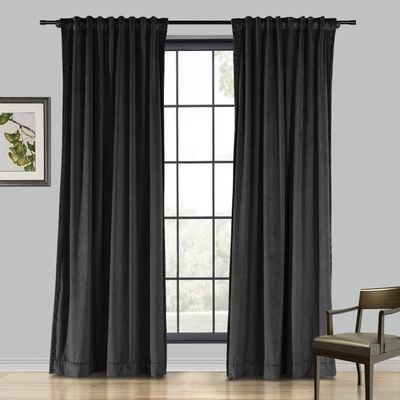 Drapifytex Set of 2 Solid Velvet Room Darkening Curtains Back Tab Rod Pocket Black 50W x 63L Inch