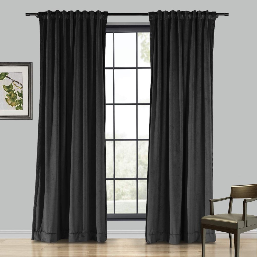 Drapifytex Set of 2 Solid Velvet Room Darkening Curtains Back Tab Rod Pocket Black 50W x 63L Inch