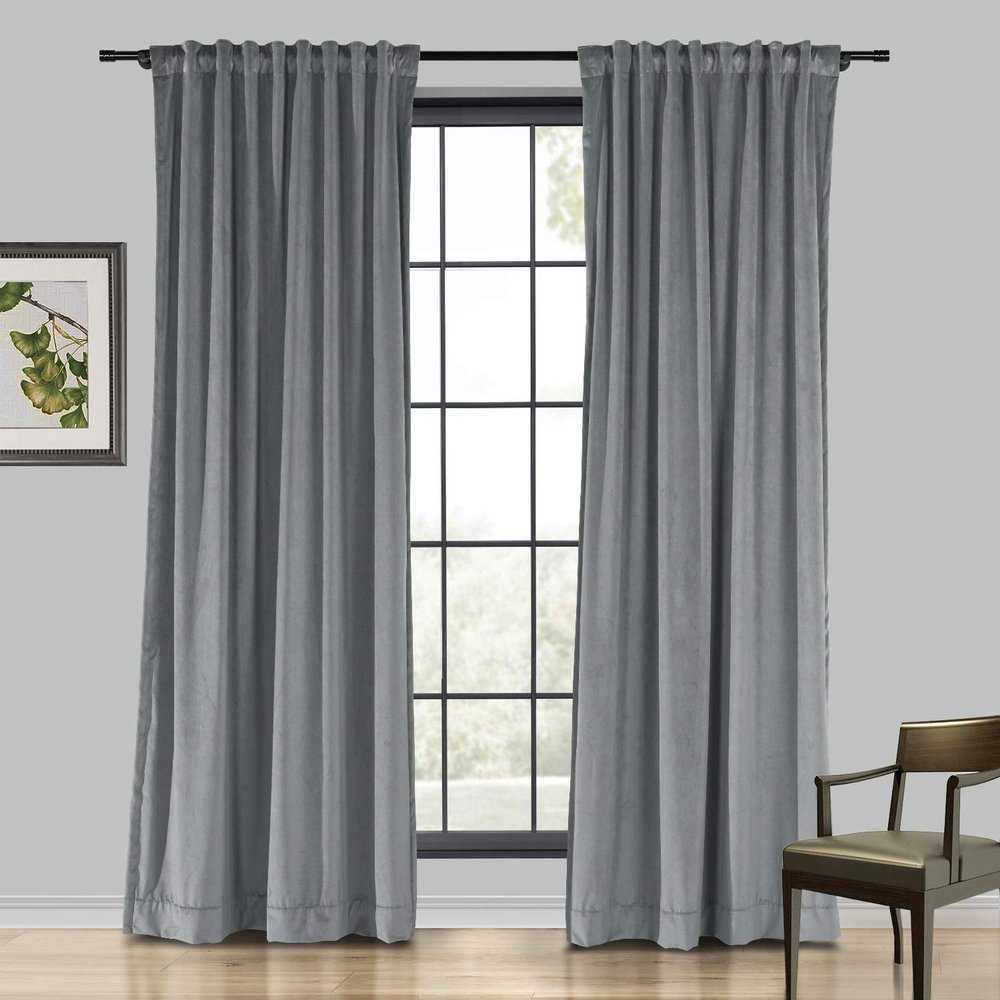 Drapifytex Set of 2 Solid Velvet Room Darkening Curtains Back Tab Rod Pocket Natural Gray 50W x 63L Inch