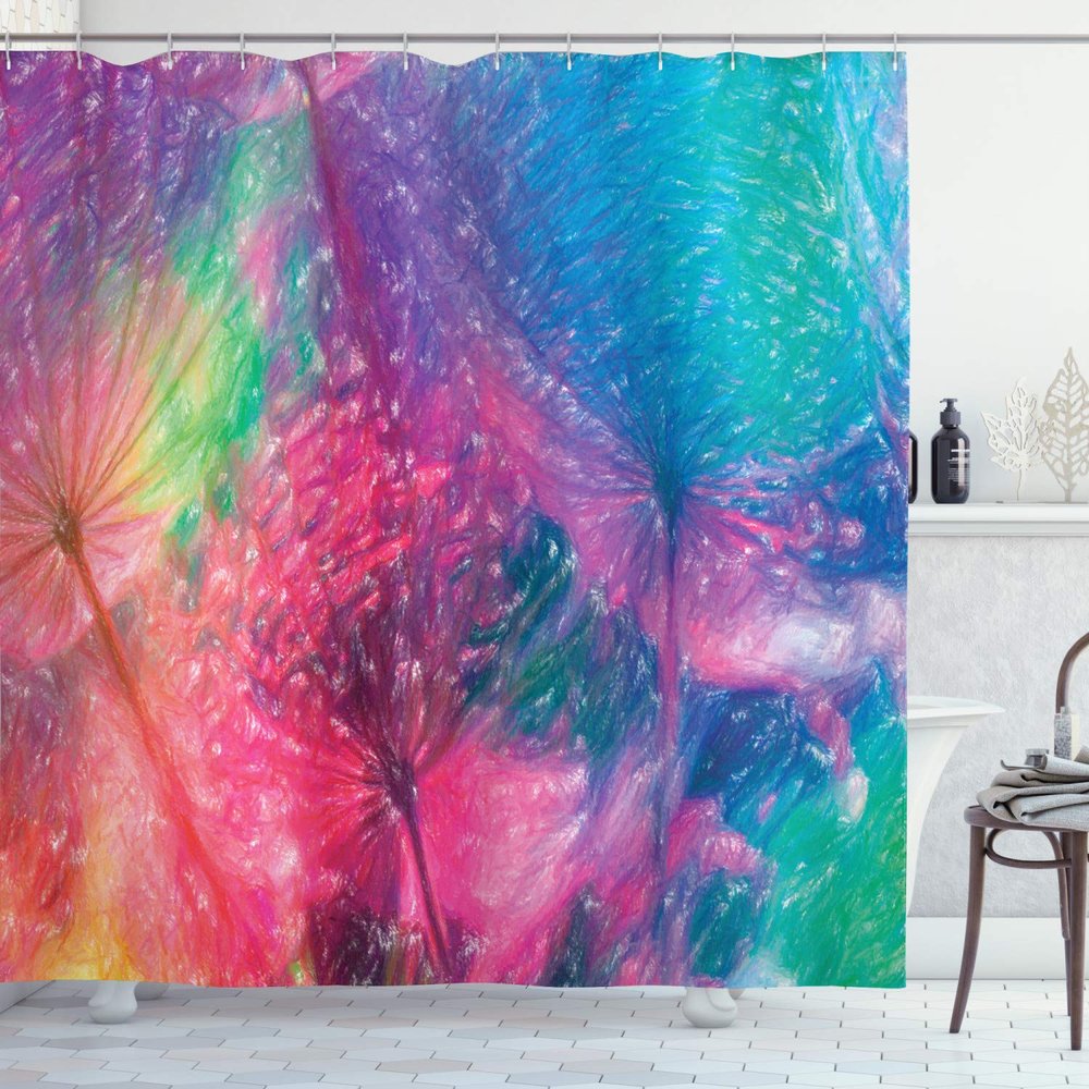 Ambesonne Floral Shower Curtain, Rainbow Like Bohemian Psychedelic Floral Contrast Toned Vivid Motif Nature Art, Cloth Fabric Bathroom Decor Set with Hooks, 69" W x 70" L, Indigo Dark Pink Green