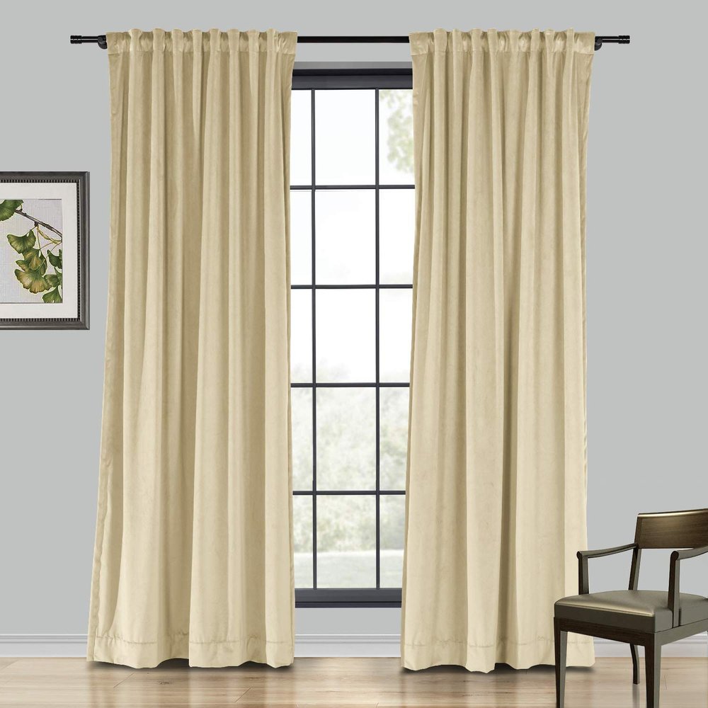 Drapifytex Set of 2 Solid Velvet Room Darkening Curtains Back Tab Rod Pocket Cream 50W x 63L Inch