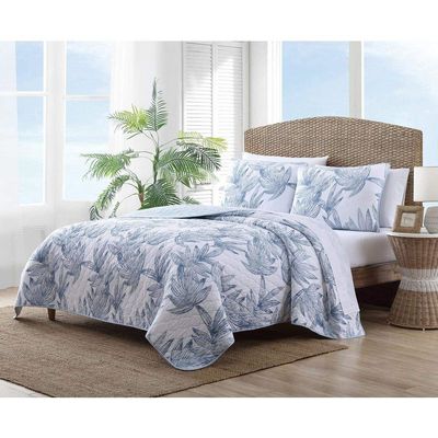 3 Piece Tropical All Season White Blue Floral Quilt Set, Beautiful Leaf Flowers Pattern Soft Cozy Feel Lightweight Nautical Coastal Bedding, Reversible Ogee Stitched Design Cotton Bedding Sets Queen