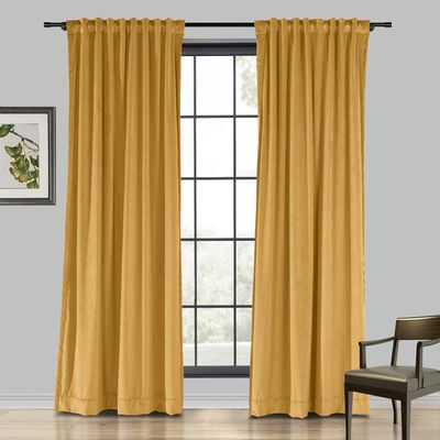 Drapifytex Set of 2 Solid Velvet Room Darkening Curtains Back Tab Rod Pocket Yellow 50W x 63L Inch