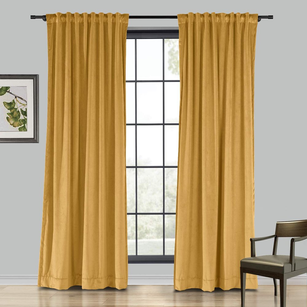 Drapifytex Set of 2 Solid Velvet Room Darkening Curtains Back Tab Rod Pocket Yellow 50W x 63L Inch