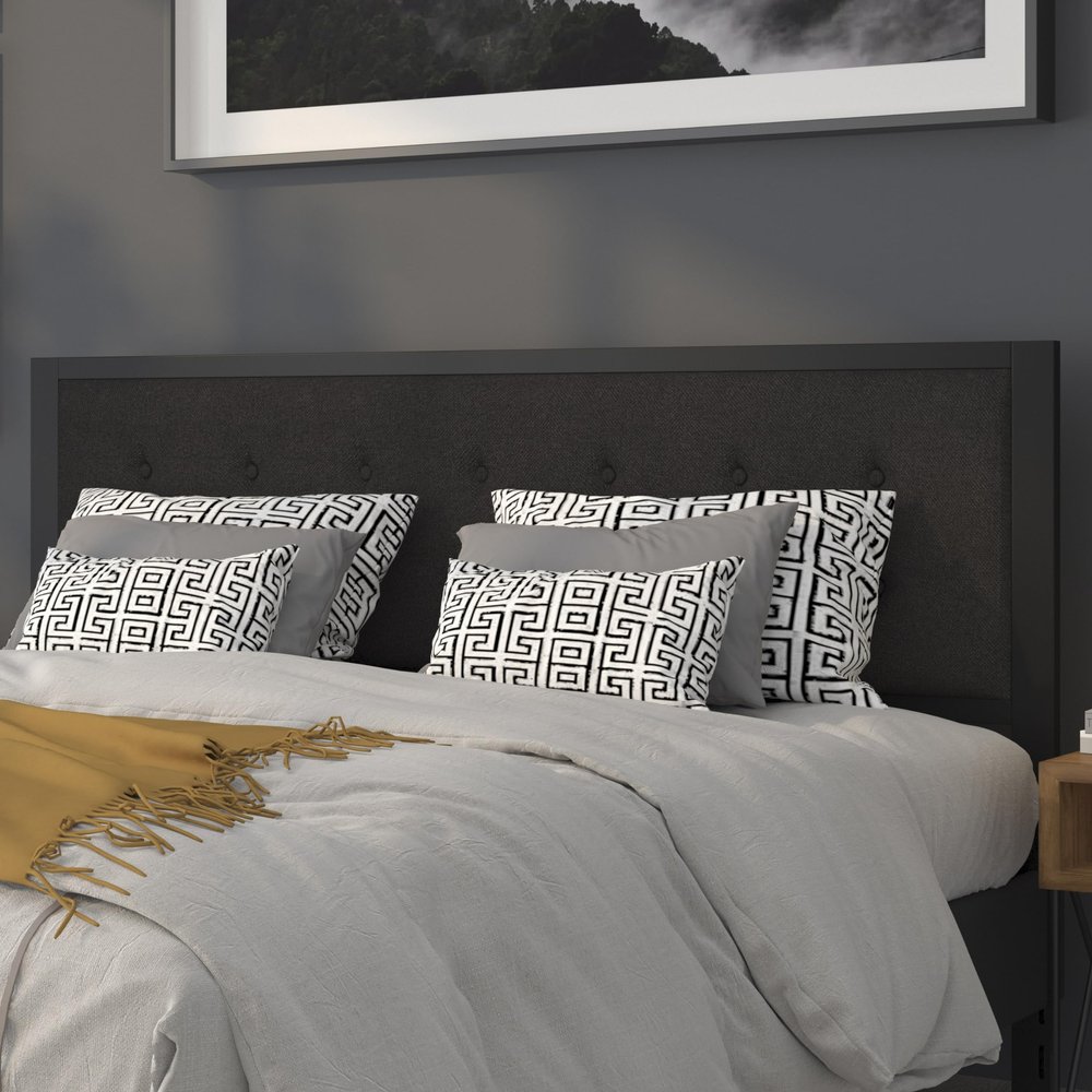 BizChair King Size Upholstered Metal Panel Headboard in Tufted Black Fabric