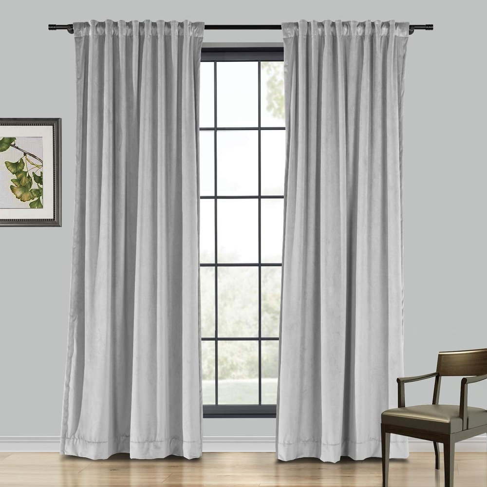 Drapifytex Set of 2 Solid Velvet Room Darkening Curtains Back Tab Rod Pocket Silver Gray 50W x 63L Inch