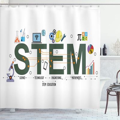 Ambesonne Engineering Theme Shower Curtain, STEM-Related Science Technology Math Discipline Tools, Cloth Fabric Bathroom Decor Set with Hooks, 69" W x 70" L, White Multicolor