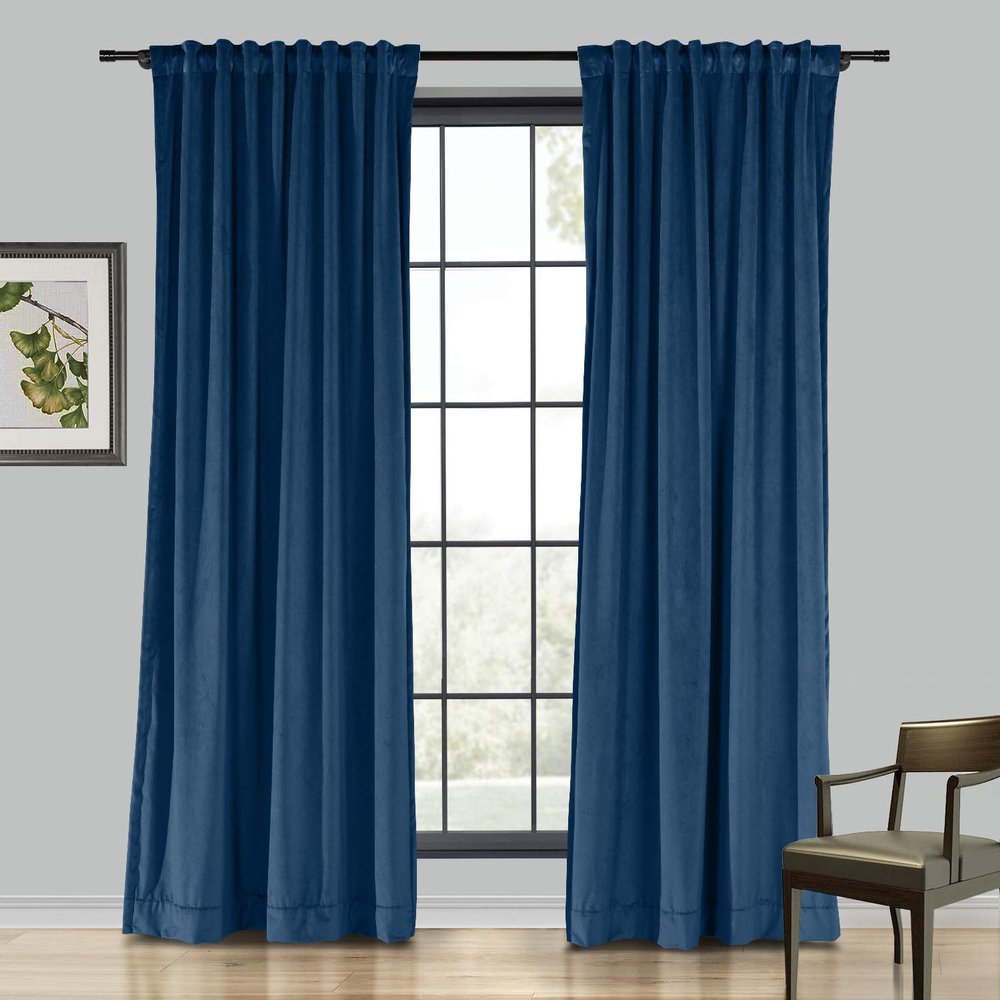 Drapifytex Set of 2 Solid Velvet Room Darkening Curtains Back Tab Rod Pocket Dark Blue 50W x 63L Inch