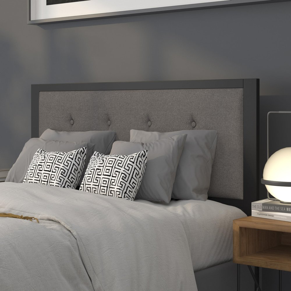 BizChair Full Size Upholstered Metal Panel Headboard in Tufted Dark Gray Fabric