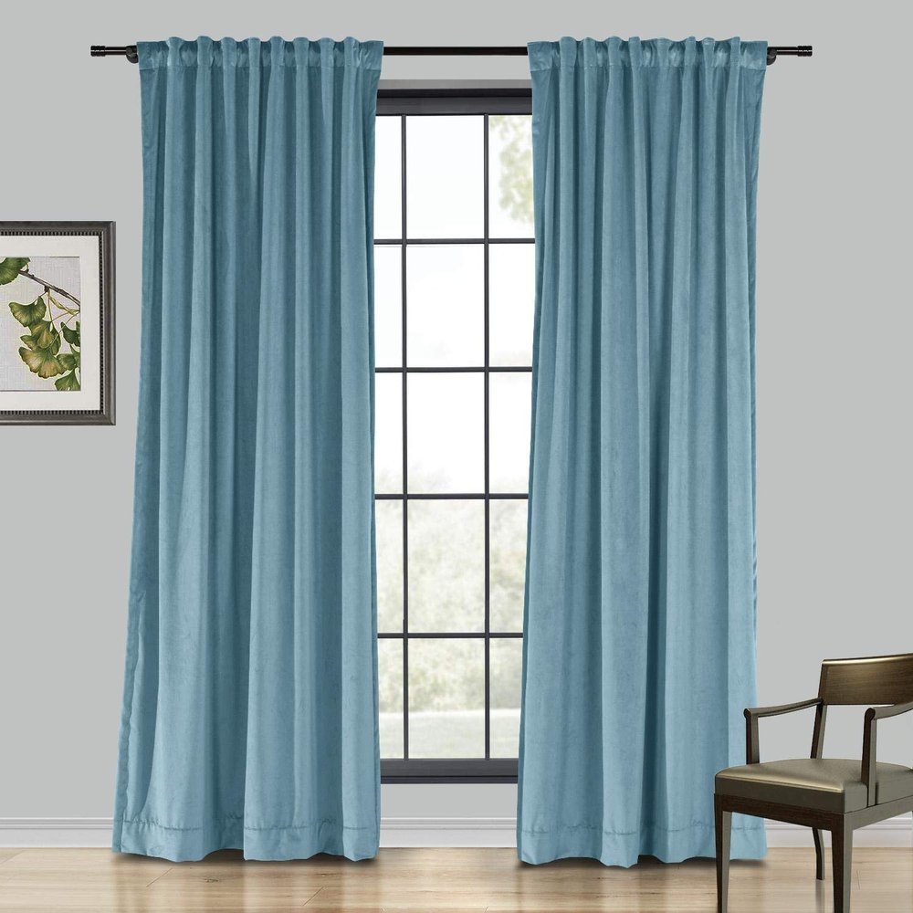 Drapifytex Set of 2 Solid Velvet Room Darkening Curtains Back Tab Rod Pocket Sky Blue 50W x 63L Inch