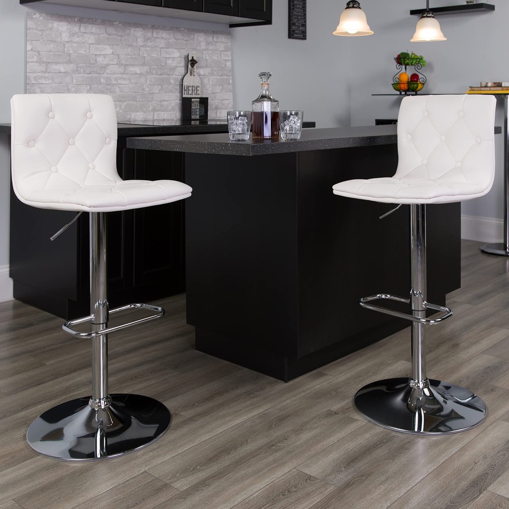 BizChair Button Tufted White Vinyl Adjustable Height Barstool